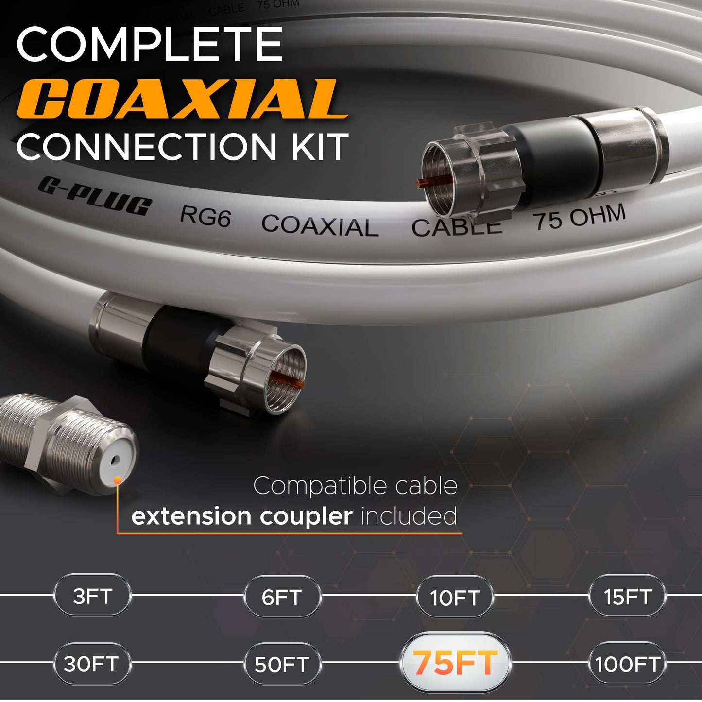 G-PLUG Cable Coaxial RG6 75 Ohm, Triple Blindaje, Conectores F Tipo Macho a Macho, Cable Antena TV, Satelital e Internet Banda Ancha, Incluye Acoplador F81, Blanco