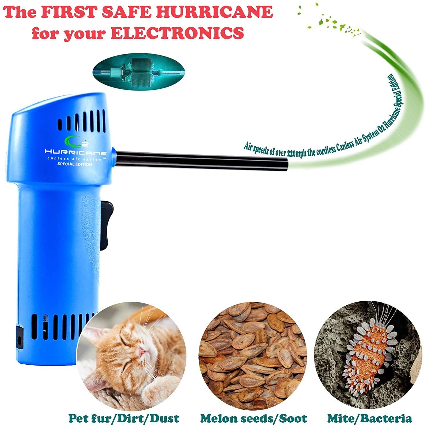 O2 Hurricane - Potente limpiador de aire comprimido inalámbrico de 200 MPH, mini ventilador eléctrico recargable para computadora, teclado, electrónica, limpieza de detalles de automóviles