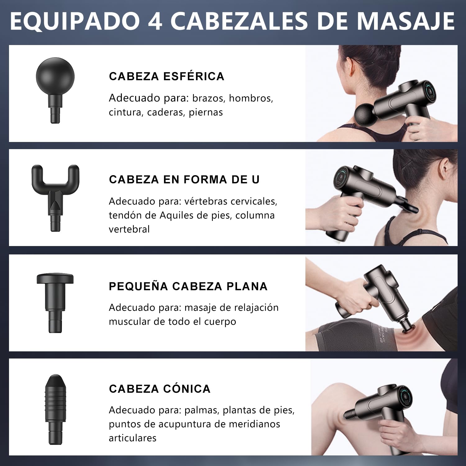 RONSXY Pistola de Masaje Muscular con 4 Cabezas y 6 Velocidades Ajustables, Masajeador Eléctrico Profundo y Portátil de Mano para Relajar Los Músculos y Aliviar el Dolor