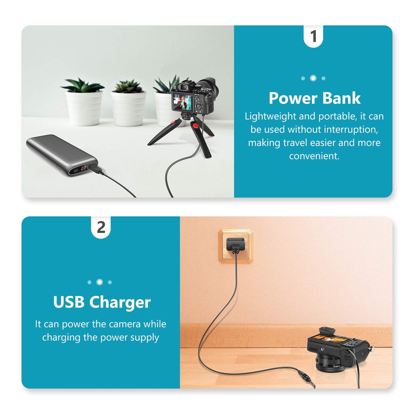 Neewer - Acoplador DC de repuesto para NP-FW50 adaptador de corriente de batería simulada con cable USB compatible con Sony A7 A7R A7S A7II A7RII A7SII A6500 A6400 A6300 A6100 A6000 NEX5 NEX7 DSC-RX10