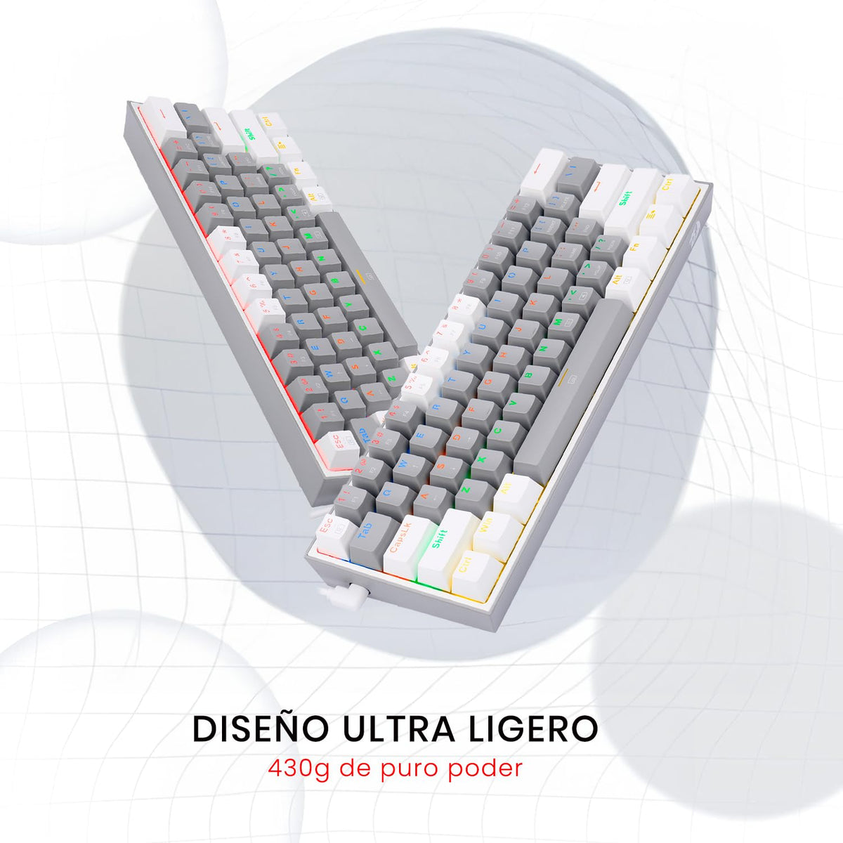 Teclado Mecánico Redragon Gamer Rainbow Gris Blanco con Switches Blue para Pc