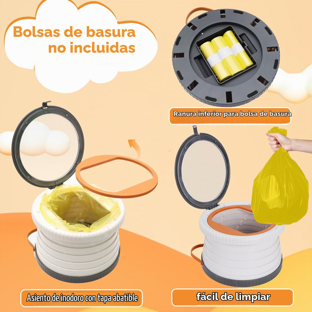 SunnySmile - Inodoro portátil para niños, asiento portátil para orinal para viajes de niños, orinal de viaje con bolsa de viaje, aplicable a camping, uso en interiores y exteriores, incluye 75 bolsas