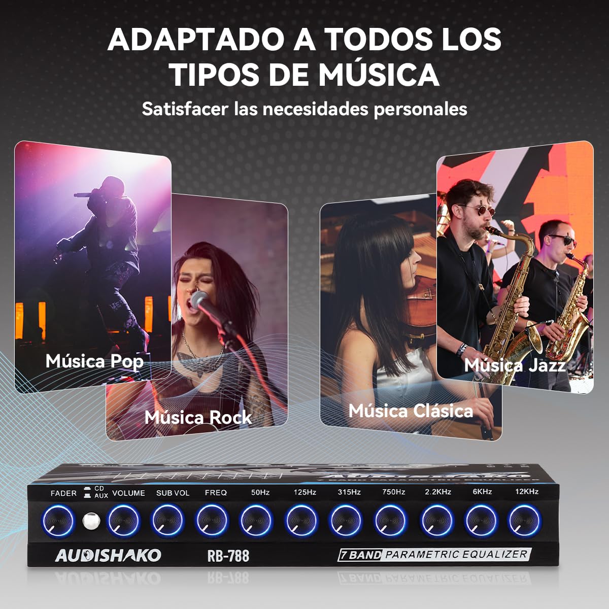 Ecualizador de Automóvil AUDISHAKO Negro con 7 Bandas y 4 Entradas RCA para Coches, Camionetas y Todoterrenos