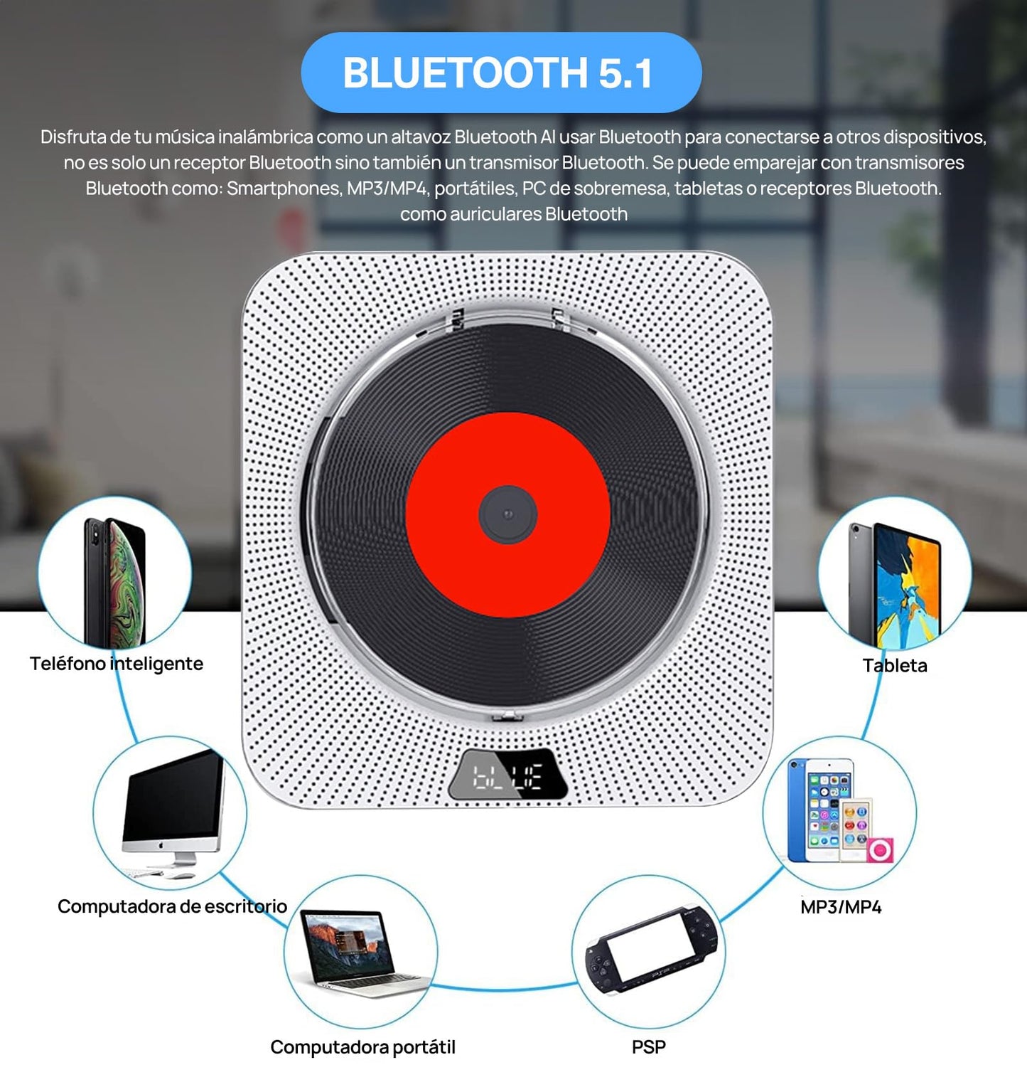 ECYWE Reproductor de CD Portátil Bluetooth,CD Player Montaje en Pared con Control Remoto,Cubierta Contra el Polvo,Pantalla LCD,Altavoces HiFi Integrados,Radio FM,Soporte CD/MP3/USB/AUX, Entrada Salida