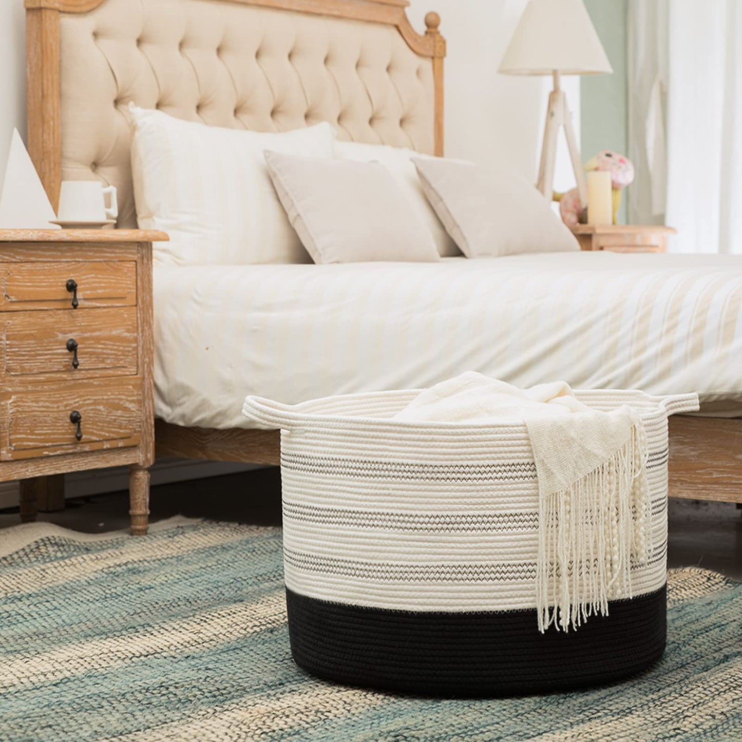 R RUNKA Cesta de almacenamiento extragrande – 22 x 55,5 x 35,5 cm XXXL extra grande – Cesta de ropa tejida con asas – Cesta decorativa extra grande para mantas, redonda, suave, para la sala de estar de los niños