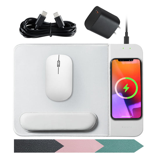 VIVIYA - Alfombrilla de mouse de carga inalámbrica de 15 W con soporte de muñeca desmontable y adaptador de corriente de 20 W, cargador inalámbrico rápido QI para iPhone 16/15/14/13/12/11/X y Samsung