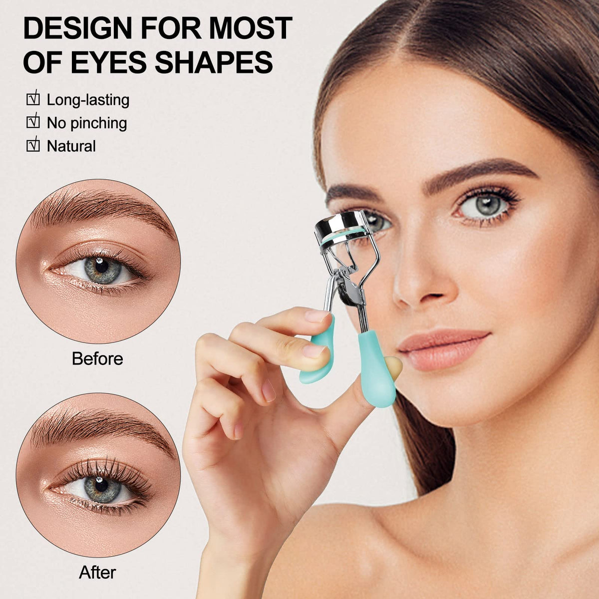 Zowor Rizador de pestañas con peine y cepillo, se adapta a todas las formas de ojos curvados con 5 almohadillas de repuesto de silicona, rizador de pestañas natural y de larga duración para mujeres, regalo de maquillaje (azul)