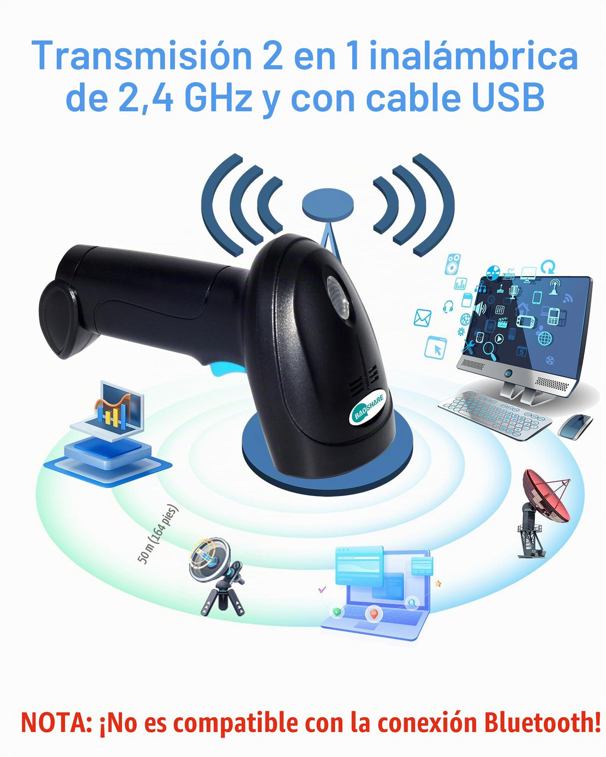 Escáner de Código de Barras BAOSHARE Inalámbrico USB 1D 2.4 GHz