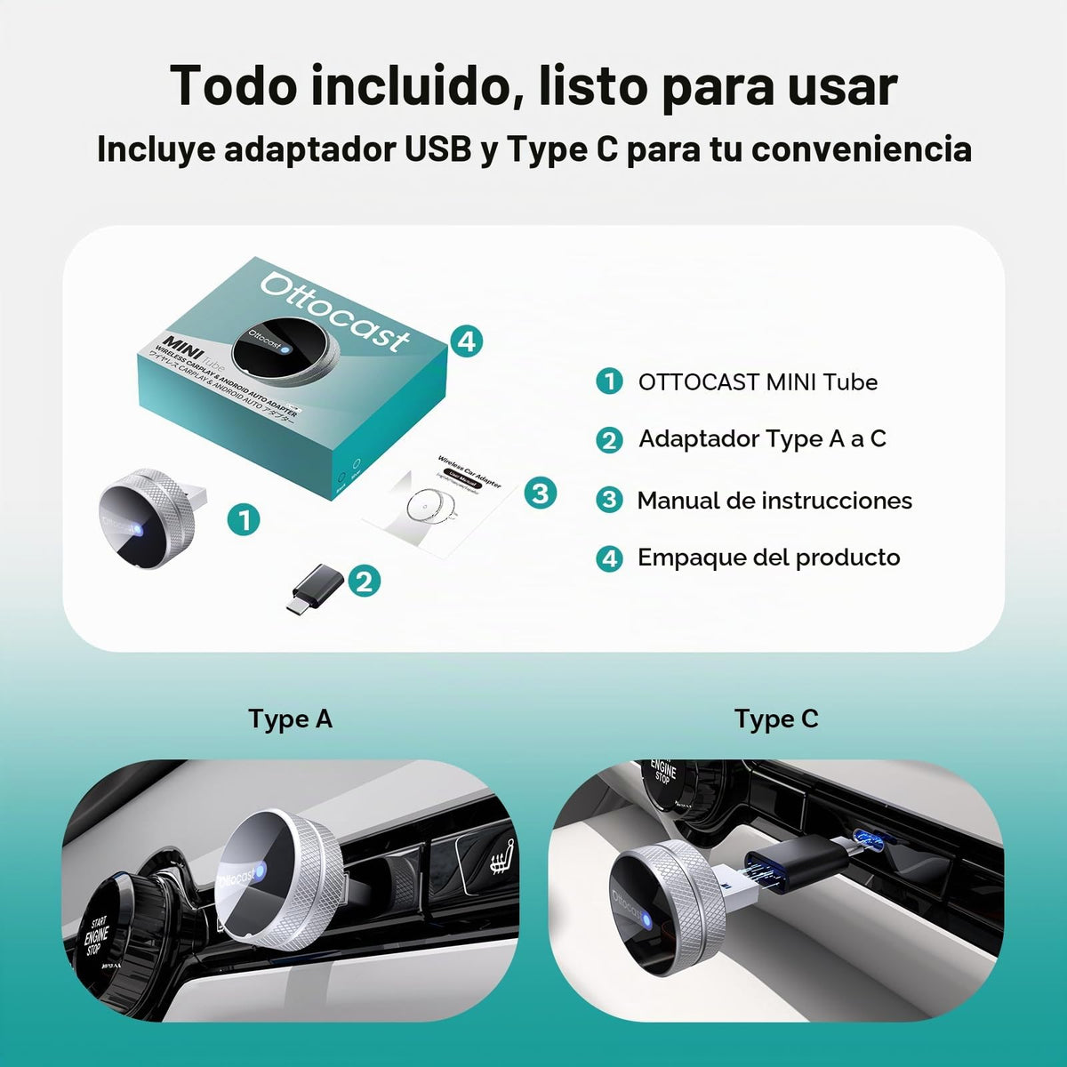 Adaptador Inalámbrico OTTOCAST Mini Tube 2026 WiFi 5 GHz Diseño Premium de Aluminio