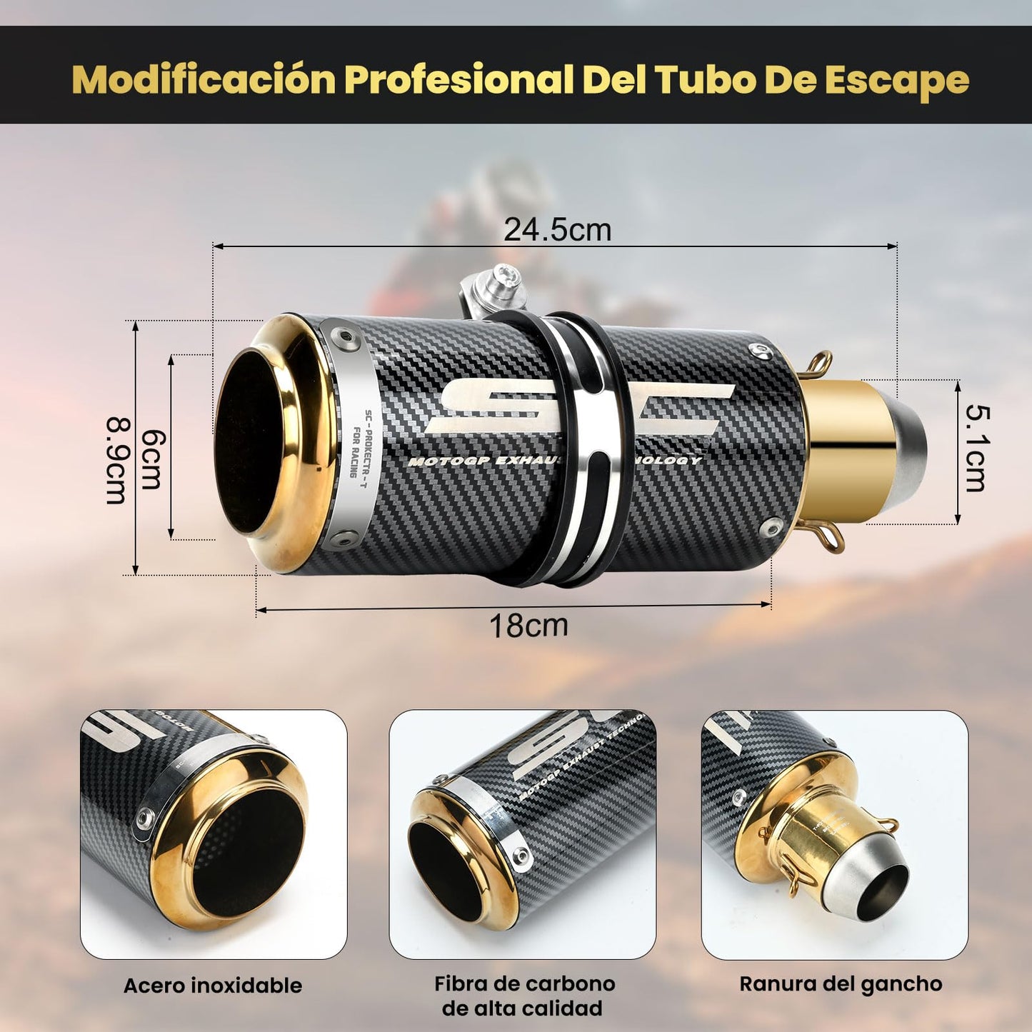 Kayoosi Escape de Moto, Tubos de Silenciador de Escape Universal de 51mm, Tubo de Escape de Acero Inoxidable para Motos, Street Bikes, Dirt Bikes (Fibra de Carbono Dorado)