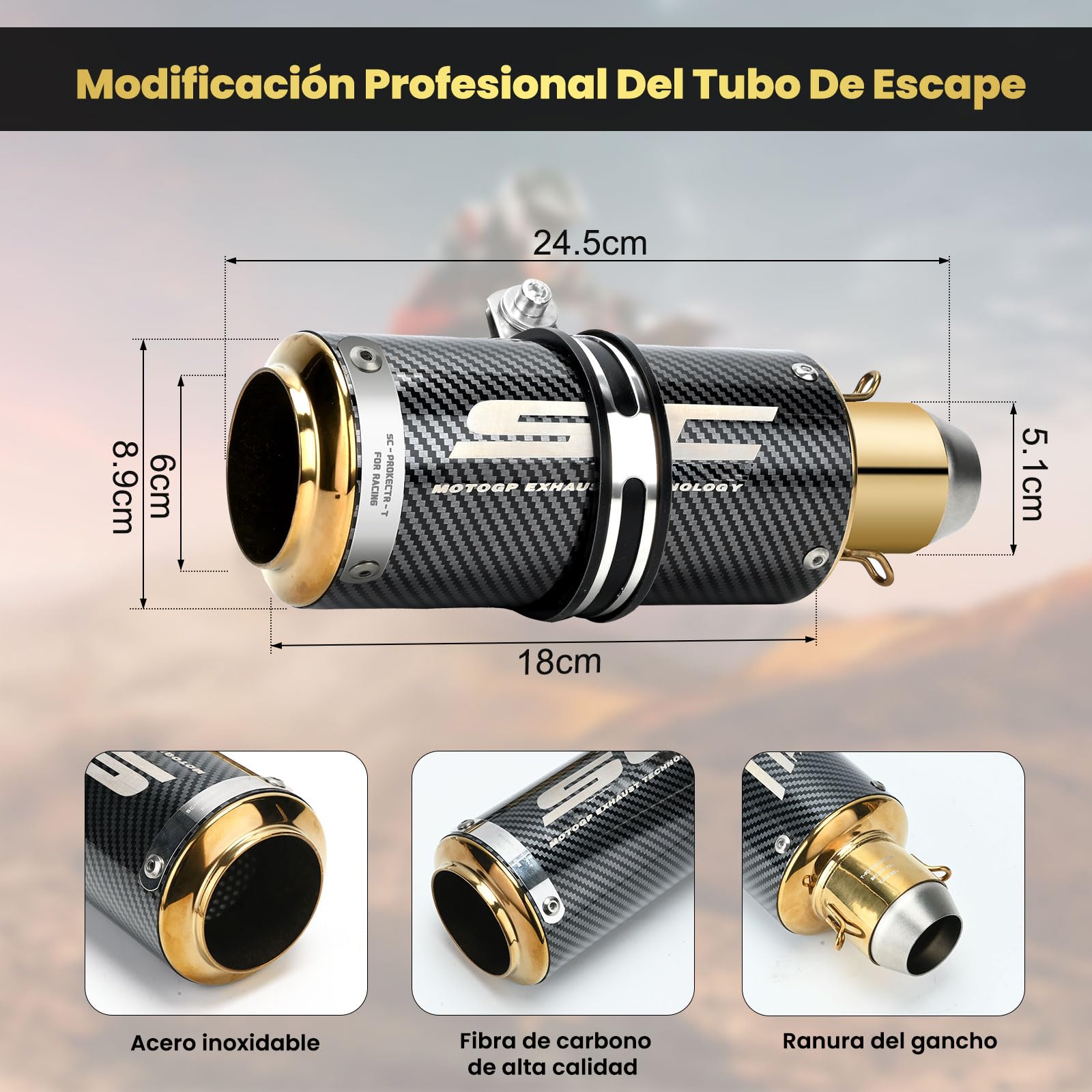Kayoosi Escape de Moto, Tubos de Silenciador de Escape Universal de 51mm, Tubo de Escape de Acero Inoxidable para Motos, Street Bikes, Dirt Bikes (Fibra de Carbono Dorado)