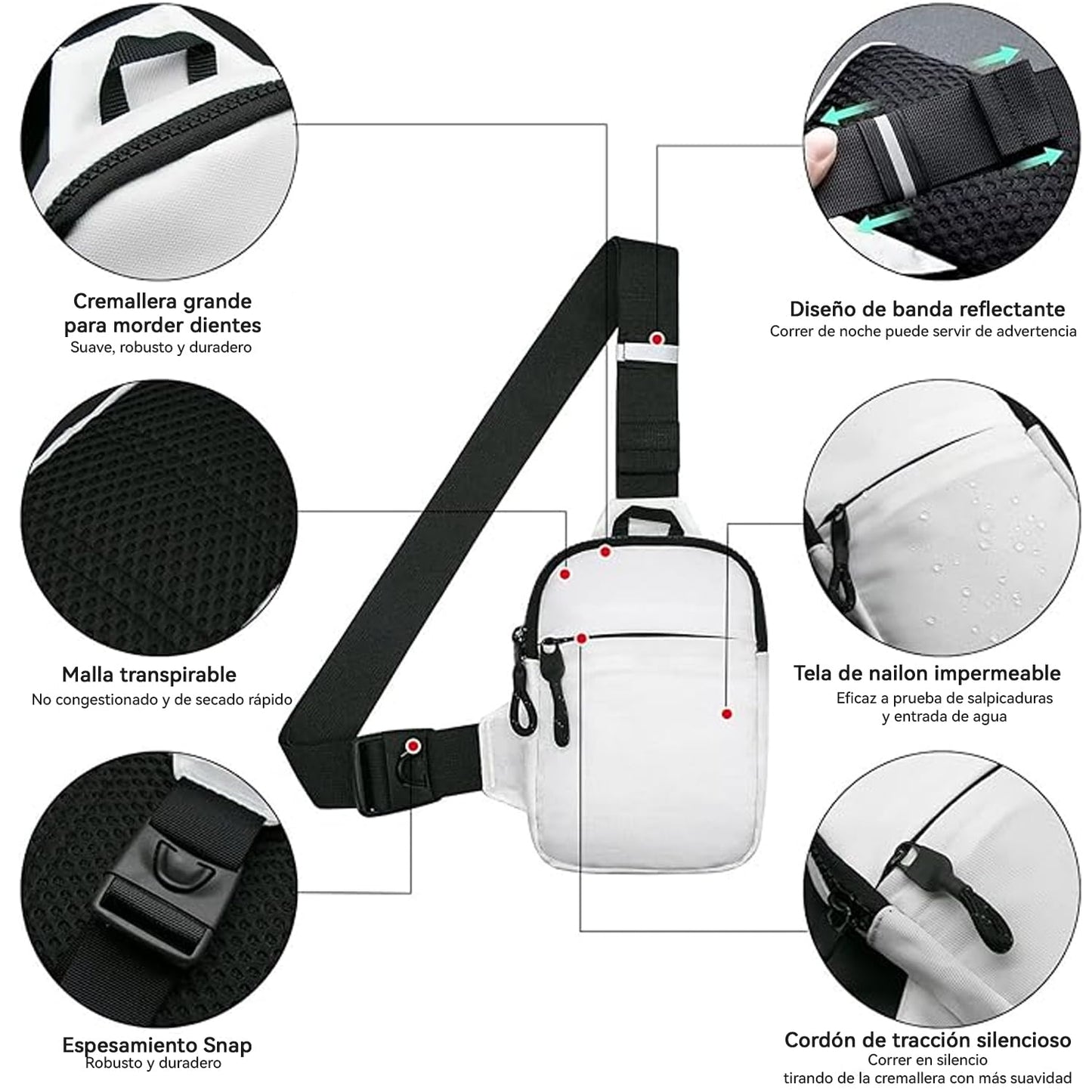 CXJYSD Mini Bolso Cruzado En El Pecho,Para Hombre Y Mujer Con Bolsillos Dobles,Riñonera Impermeable Con Manos Libres,Adecuado Para Deportes Al Aire Libre,Correr Y Viajar (Blanco-01)