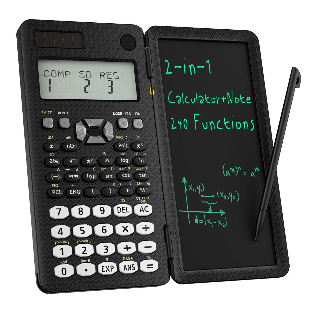 Calculadora Científica ROATEE Negra con Tableta de Notas Solar y Batería Pantalla de 2 Líneas Plegable para Estudiantes