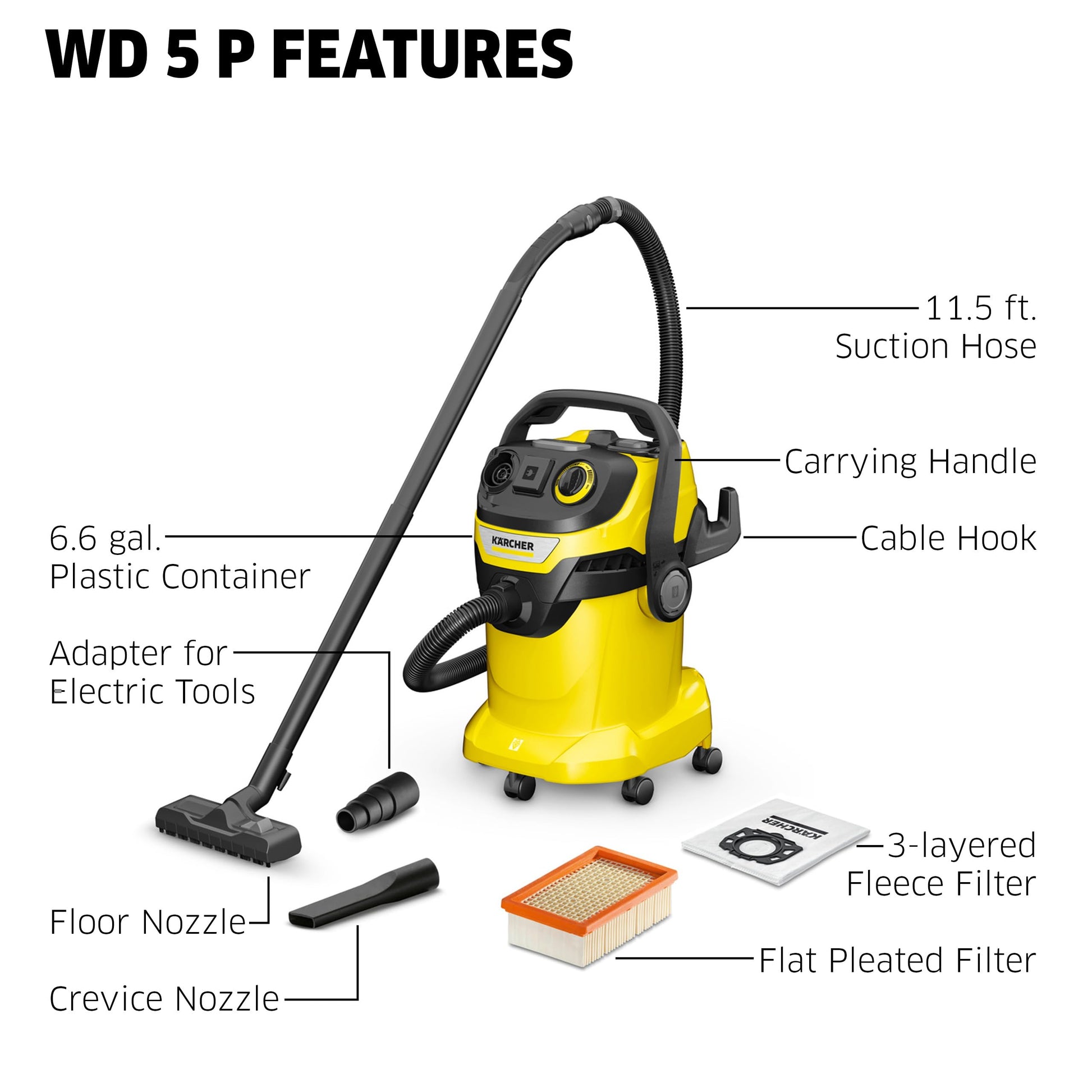 Kärcher WD 5 P - Aspiradora Multiusos para Tienda en húmedo/seco de 6.3 galones con Accesorios, función de soplador, Limpieza de Filtro semiautomática, diseño de Ahorro de Espacio, Resistente