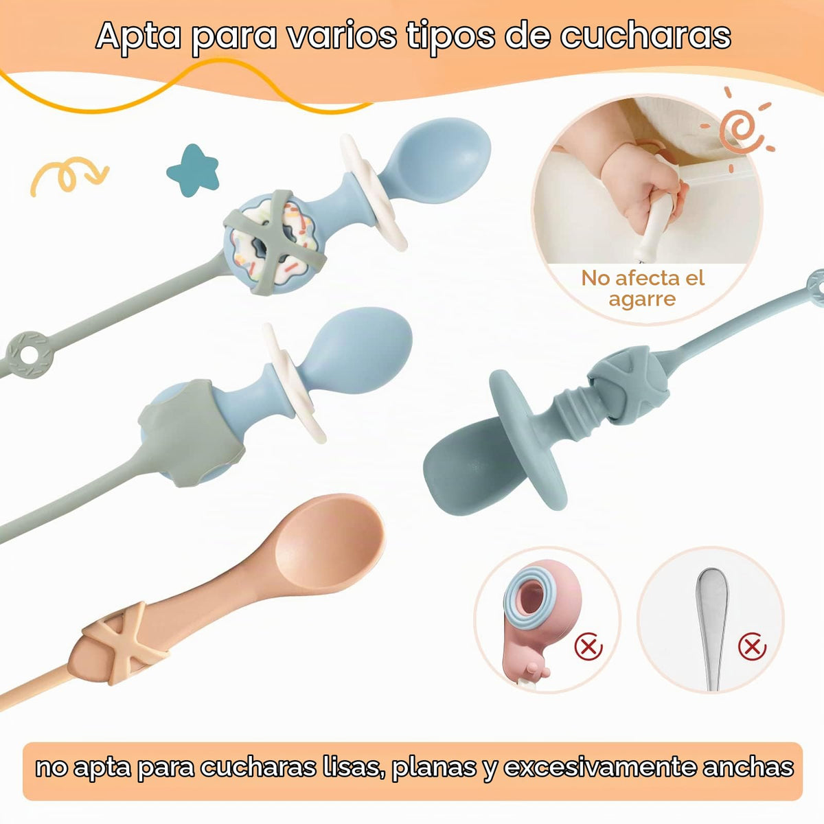 SMAutoLife - Utensilios para niños pequeños, tapas elásticas de silicona para tenedor y cuchara, correa de soporte de silicona de grado alimenticio para mantener el tenedor y la cuchara fuera del piso