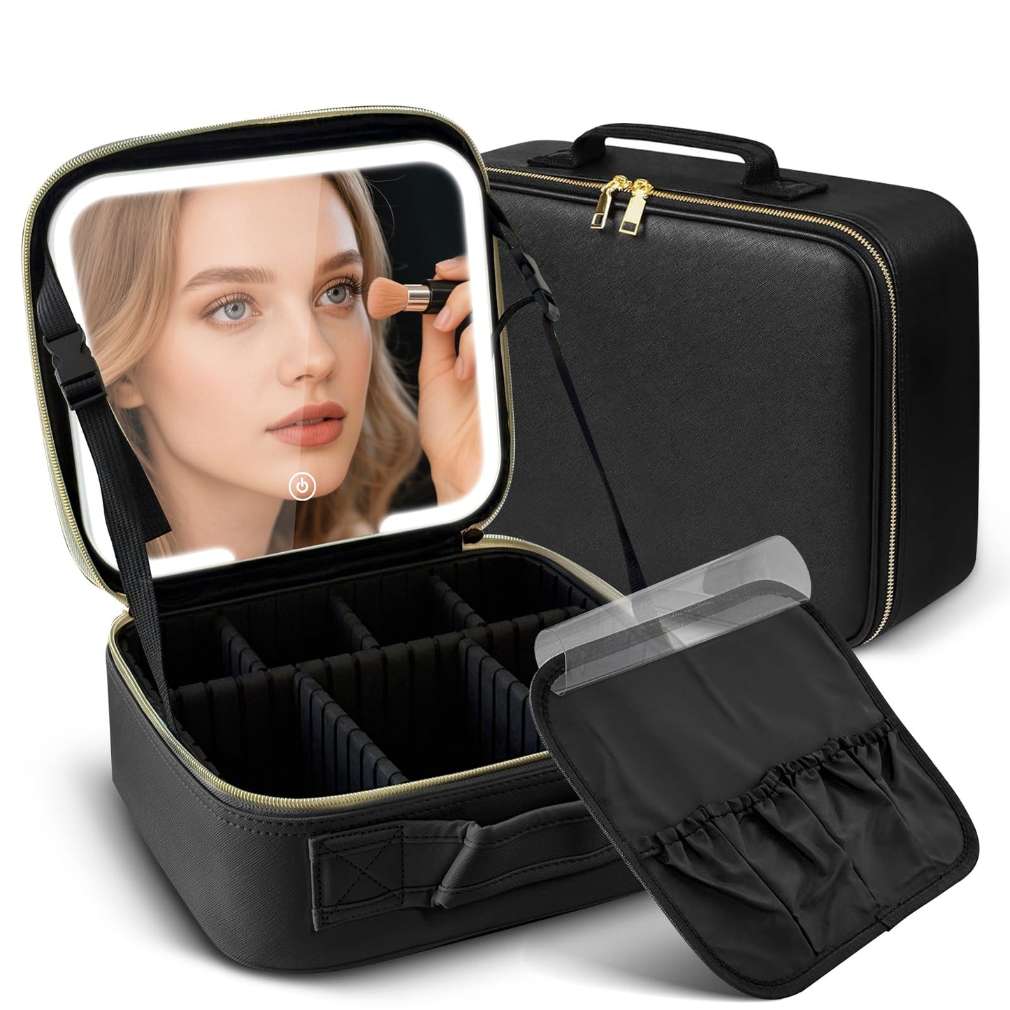 Cosmetiquera para Maquillaje con Espejo y Luz, 6 Divisores Ajustables-Negro
