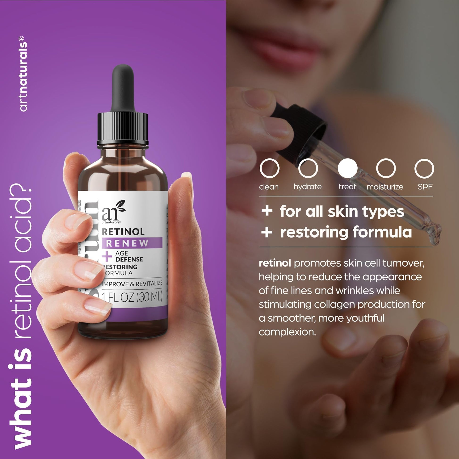 Art Naturals Suero de retinol mejorado 2,5% con 20% de vitamina C y ácido hialurónico 1 oz, el mejor suero antiarrugas y antienvejecimiento para rostro y piel sensible - Ingredientes orgánicos de fuerza clínica - Terapia nocturna de Art Naturals