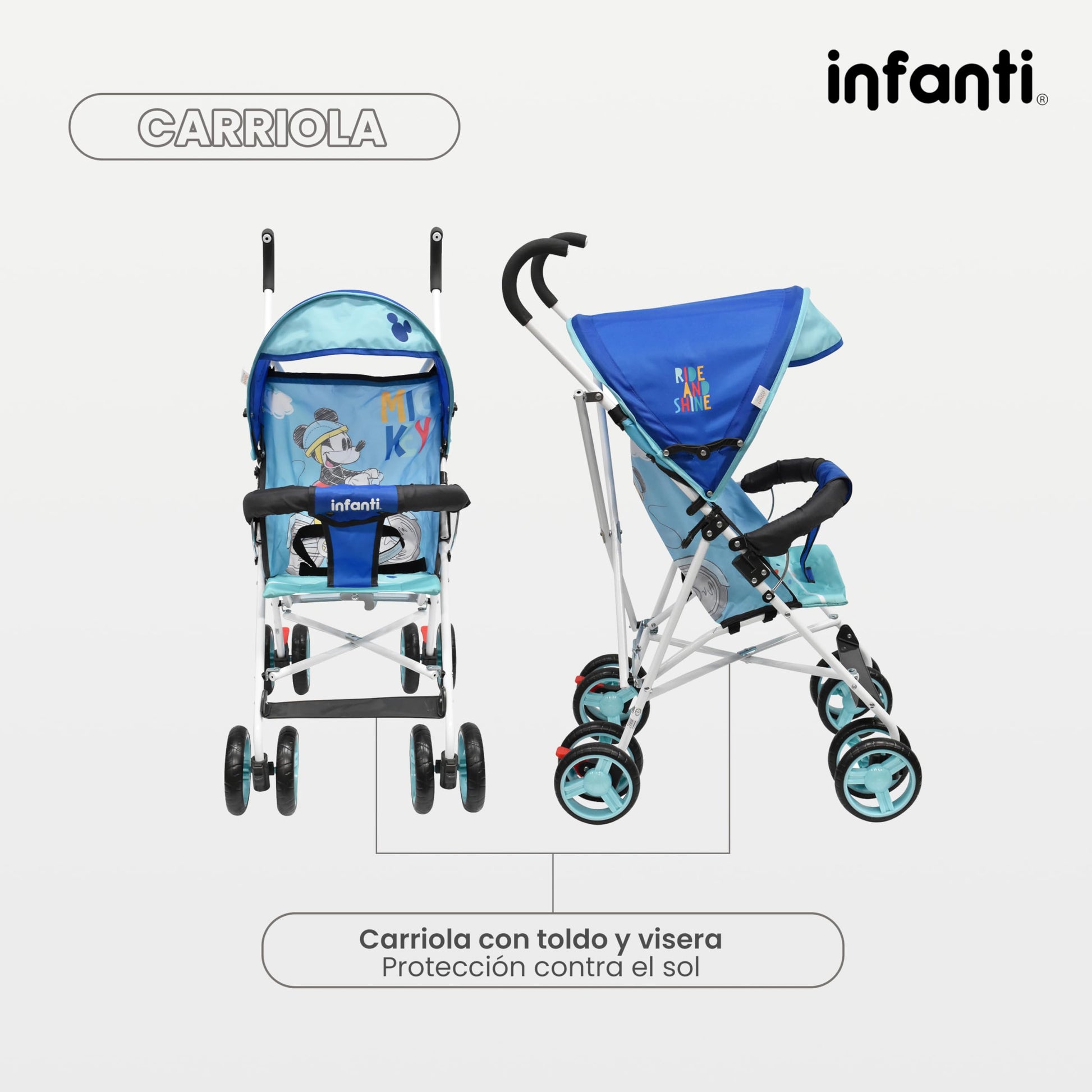 Infanti | Carriola para Bebe de Baston - Mickey Mouse | Carreola con Portabebé - Carriola de Viaje | Cosas para Bebes 6 Meses hasta 16 kg - Compacta y Plegable | Carriola de Baston Ligera con Correa