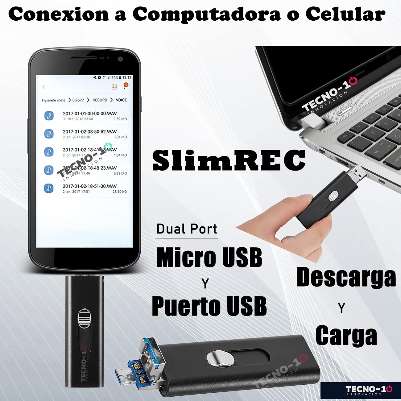 Tecno-10 Mini Grabadora de Voz activada por Sonido, Microfono Flash USB Delgada, 15 Horas de bateria, 94 Horas de Grabacion, 512 Kbps Calidad de Audio (4GB)