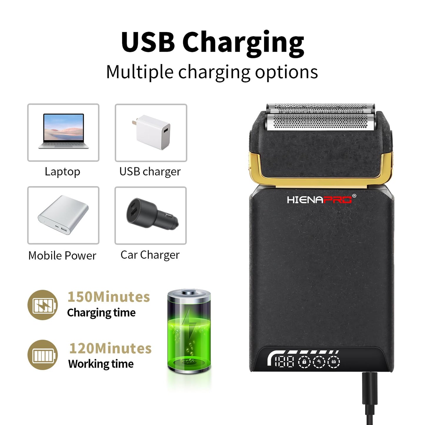 HIENA PRO - Afeitadoras de aluminio para hombre, recargables por USB con pantalla LCD, cuchillas dobles, maquinilla de afeitar eléctrica de nuevo diseño para hombres - Afeitado inalámbrico profesional