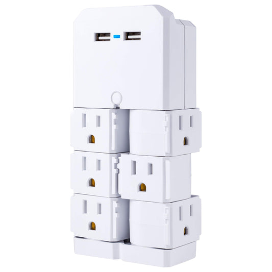GE Protector contra sobretensiones Extensor UltraPro de 6 Salidas con Salidas giratorias, 2 Puertos USB, rotación de 90 Grados, 2,4 amperios / 12 vatios, garantía, listado en UL, Blanco, 37064