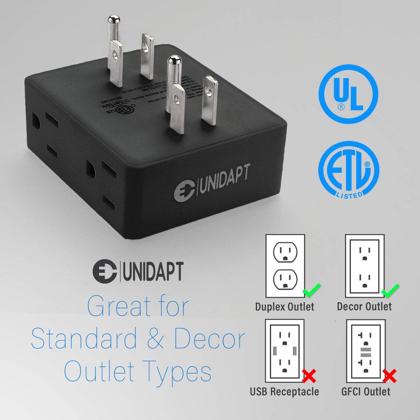 Unidapt Divisor de Enchufe múltiple, Caja extensora de Enchufe múltiple con 6 Tomas de Corriente, expansor de Enchufe de Pared para hogar, Oficina, Hotel, recámara, Paquete de 2 Unidades Negro