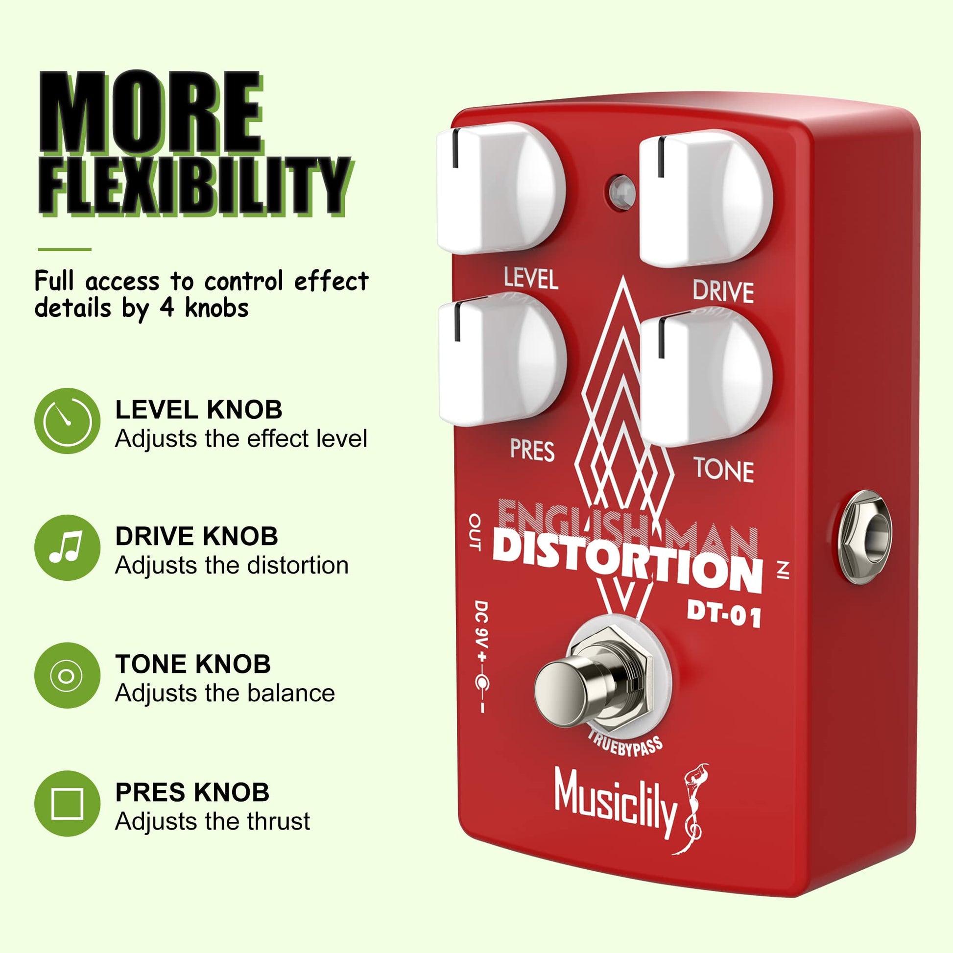 Pedal de Efectos Musiclily Pro Classic English Distortion para Guitarra Eléctrica y Bajo