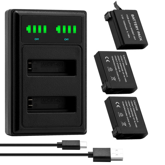 BCMCZCDC - Paquete de 3 baterías digitales AHDBT-401 AHDBT401 AHBBP-401 y cargador USB dual AHDBT 401 para cámara GoPro Hero4 HERO4