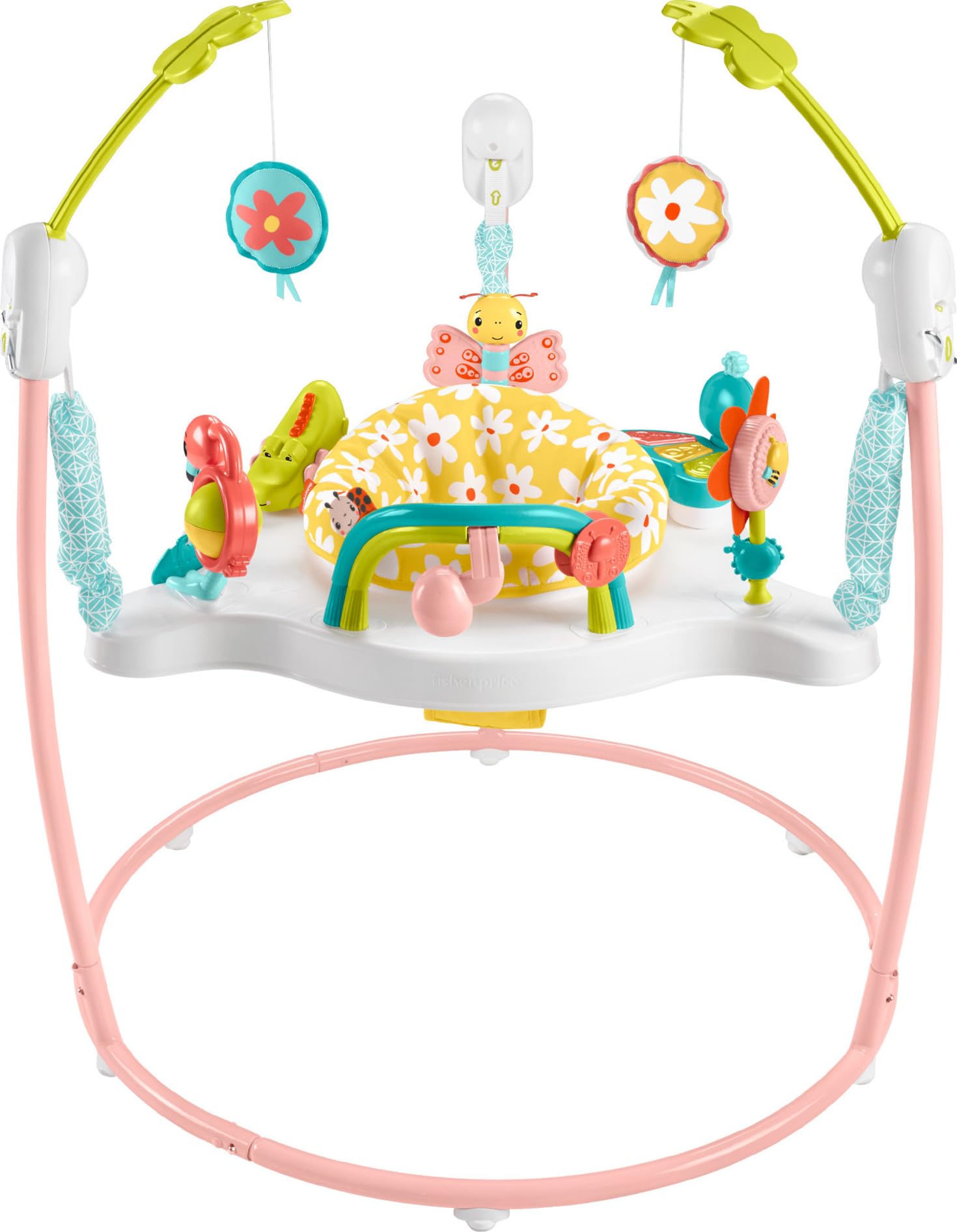 Fisher-Price Baby Bouncer Centro de actividades Blooming Fun Jumperoo con luces musicales y juguetes de desarrollo para bebés