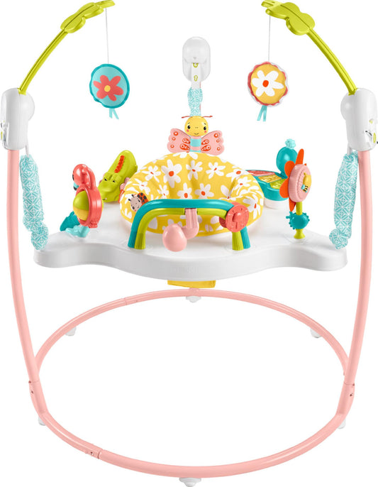 Fisher-Price Baby Bouncer Centro de actividades Blooming Fun Jumperoo con luces musicales y juguetes de desarrollo para bebés