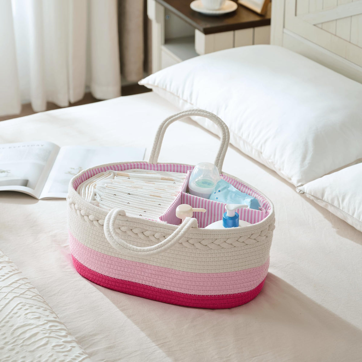 luxury little Organizador de pañales para bebé, cesta de pañales extragrande con cuerda de algodón para guardería, organizador de cambiador, bolsa portátil con divisor, almacenamiento de coche, regalos de baby