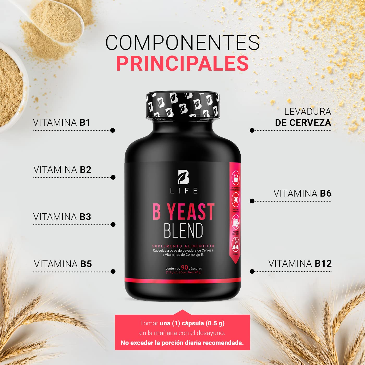 Complejo B. Levadura de Cerveza y Vitaminas B1, B2, B3, B5, B6, B12. Ingredientes Naturales con 90 cápsulas de 500 mg. B Yeast Blend B Life