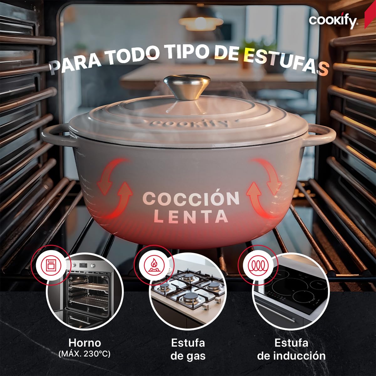Cookify Olla de Hierro Fundido Esmaltado para Horno y Estufa, Horno Holandés Capacidad 4 Litros Dutch Oven (Taupe, 24.8 cm)
