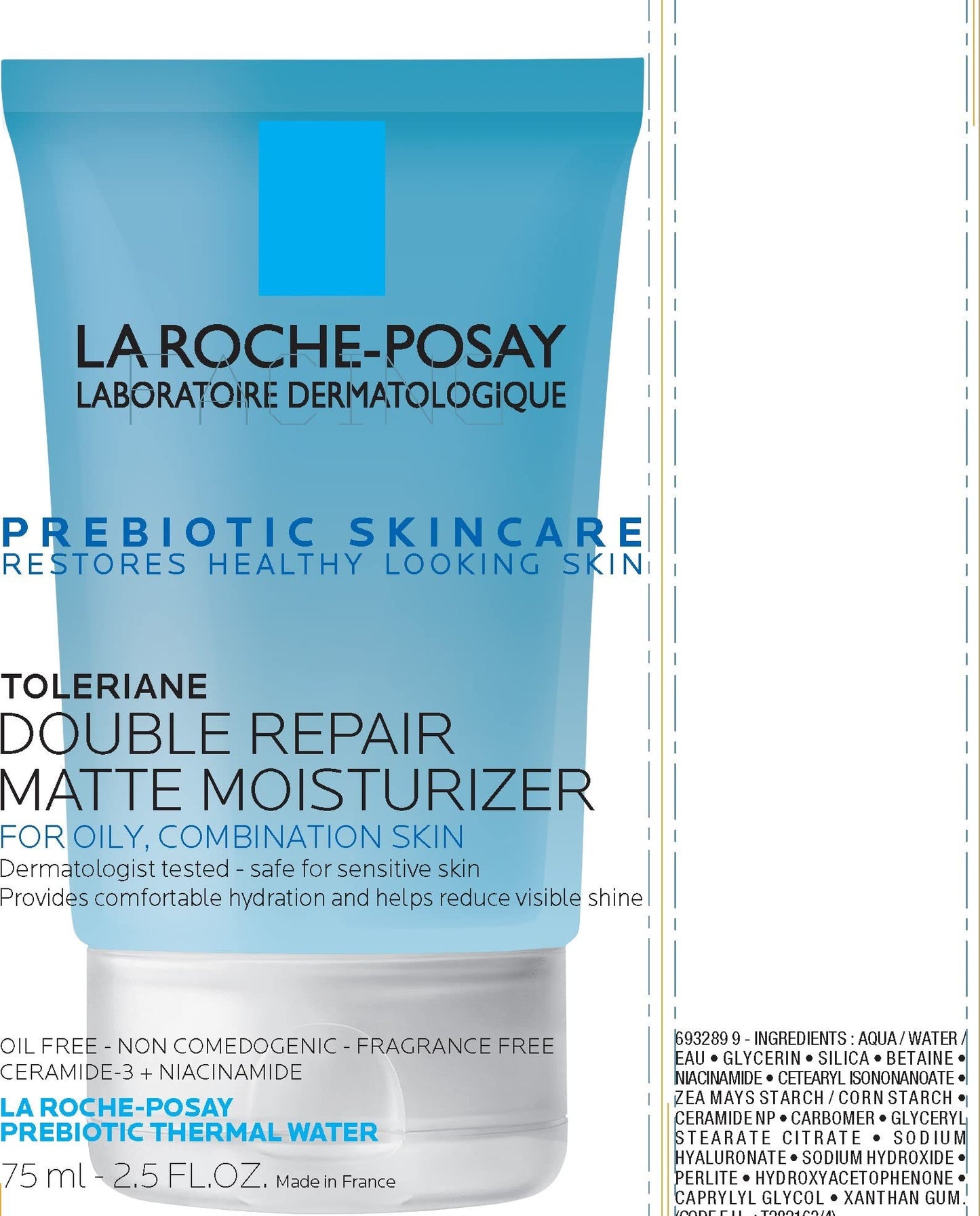 La Roche-Posay - Crema hidratante facial mate de doble reparación Toleriane, humectante en gel diario para controlar la piel grasa con niacinamida, sin aceite