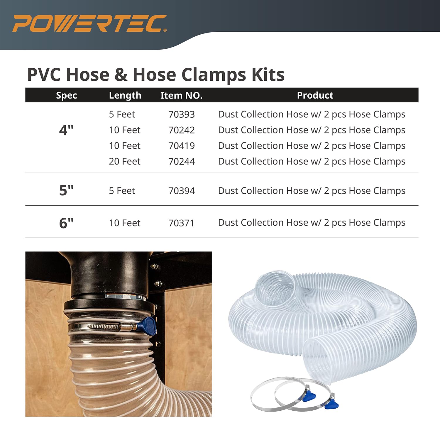Manguera de Recogida de Polvo Powertec Transparente Flexible de PVC 4 Pulgadas x 20 Pies con Abrazaderas