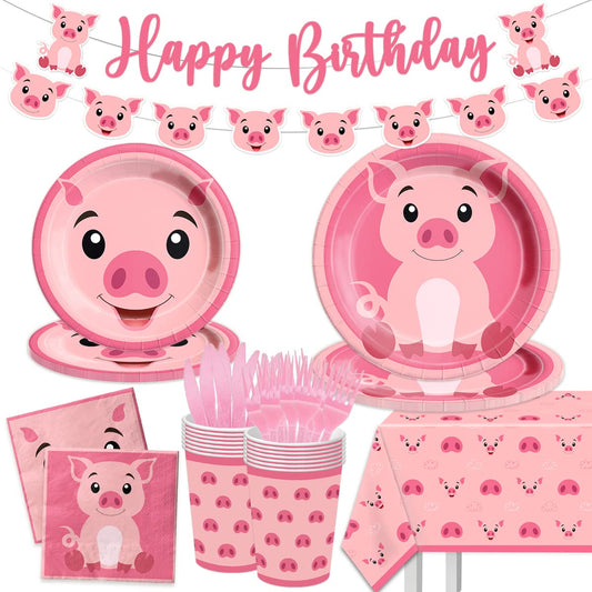 Juego de vajilla de cerdo para cumpleaños, 143 piezas, juego de vajilla de cerdo rosa para niños, juego de platos y servilletas con temática de cerdo, suministros de fiesta de cumpleaños para 20