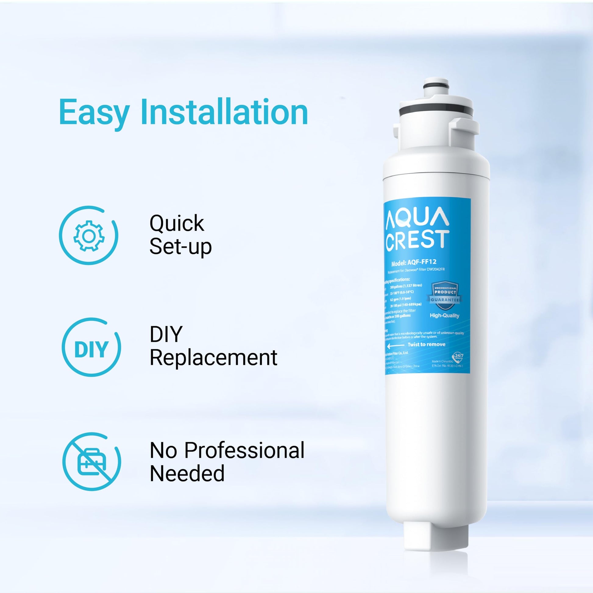 AQUACREST DW2042FR-09 Refrigerator Water Filter, Compatible with Daewoo DW2042FR, Kenmore 46-9130, DW2042FR-09, Aqua Crystal DW2042F-09