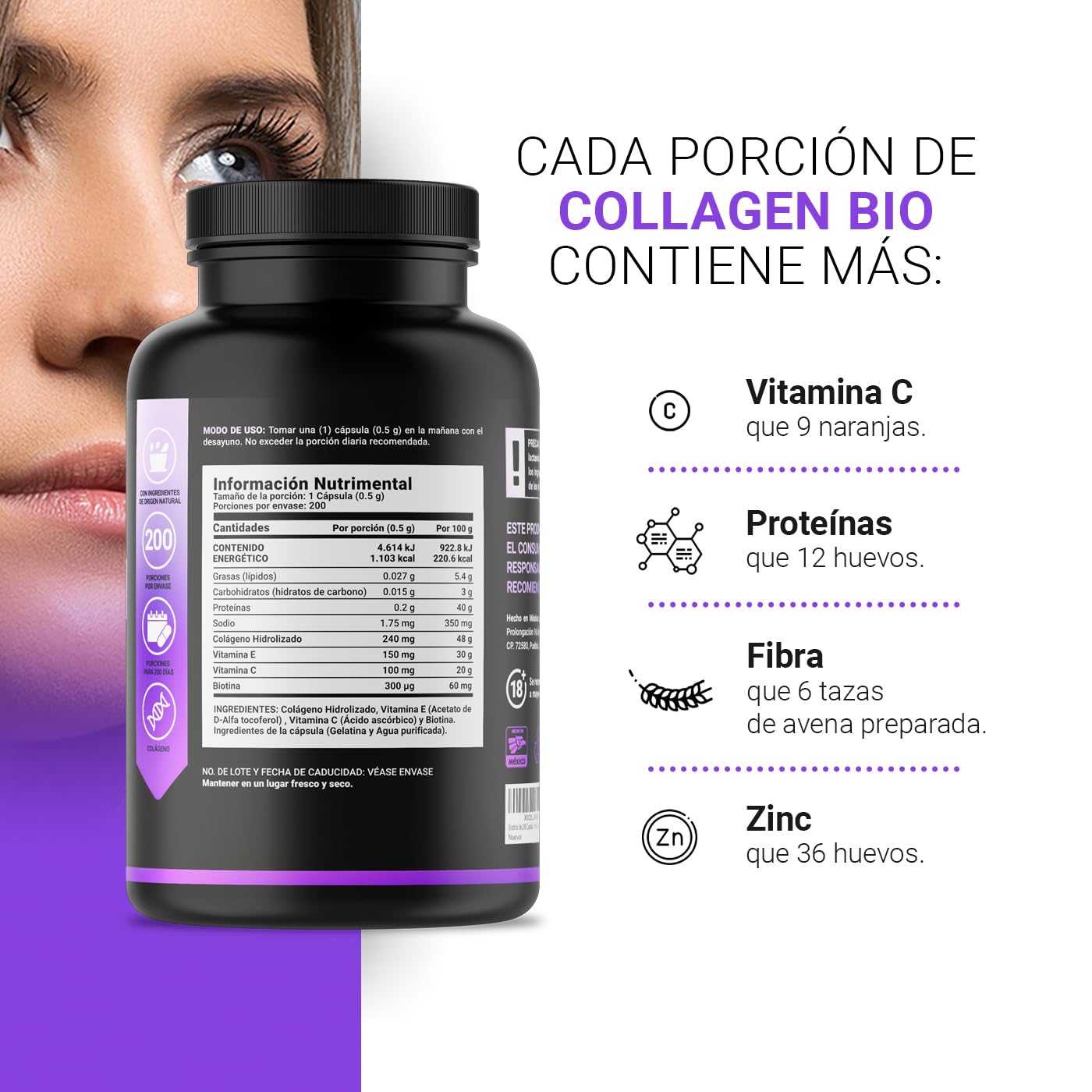 Biotina de 200 Cápsulas. Ingredientes naturales: Colágeno, Vitamina E y Vitamina C. Collagen Bio B Life.