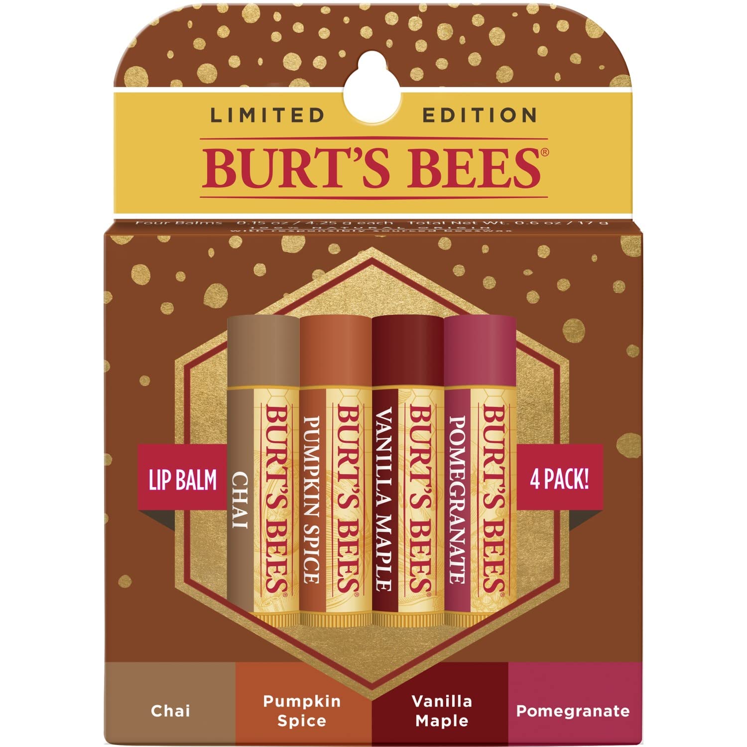 Burt's Bees 100% Natural Moisturizing Lip Balm, Winter Variety Pack, Chai Tea, Pumpkin Spice, Vanilla Maple, Pomegranate, 4 Tubes of Lip Balm