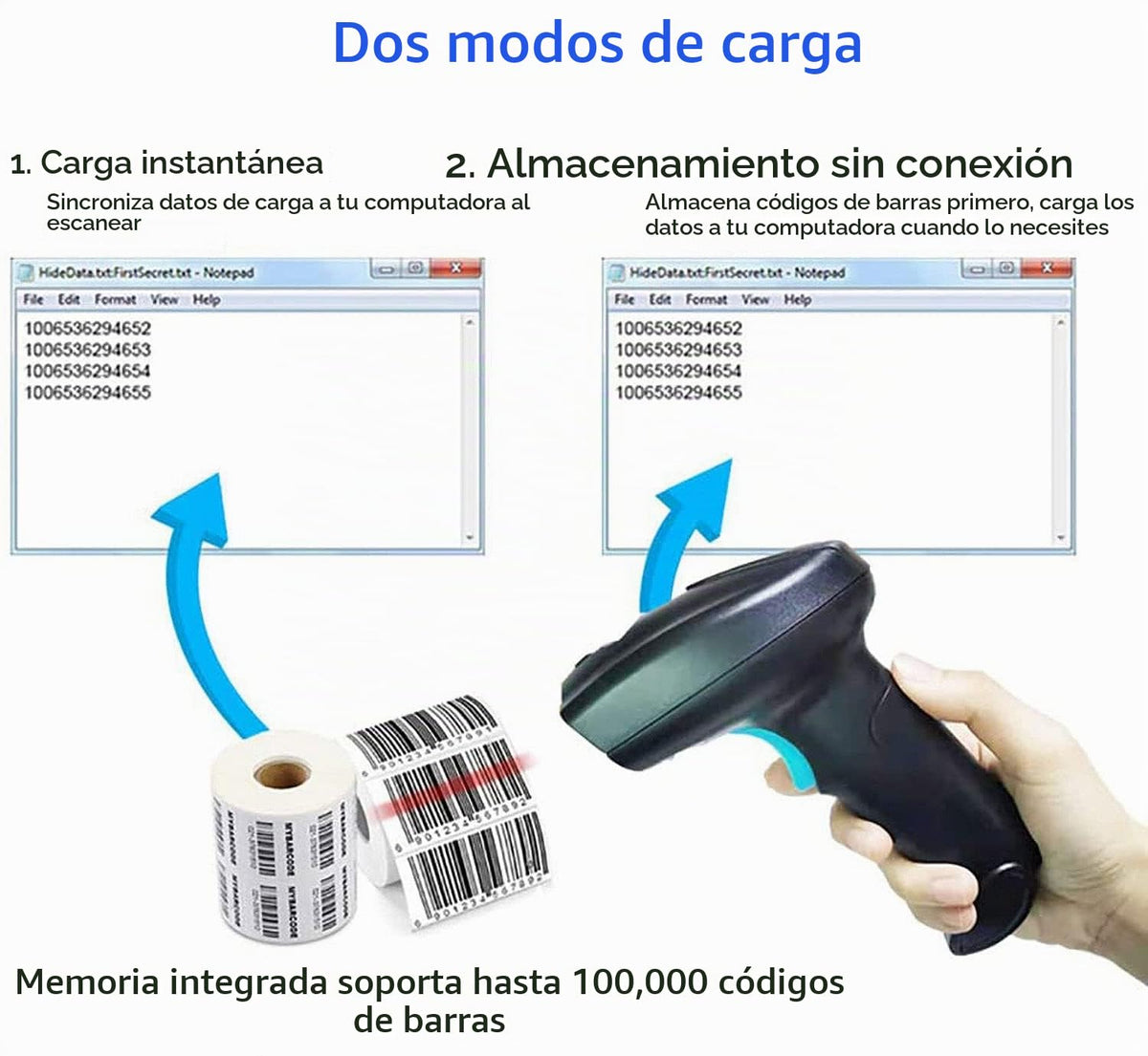 Escáner de Código QR 2D Inalámbrico Rabitpos Negro con Escaneo Automático para POS e Inventario
