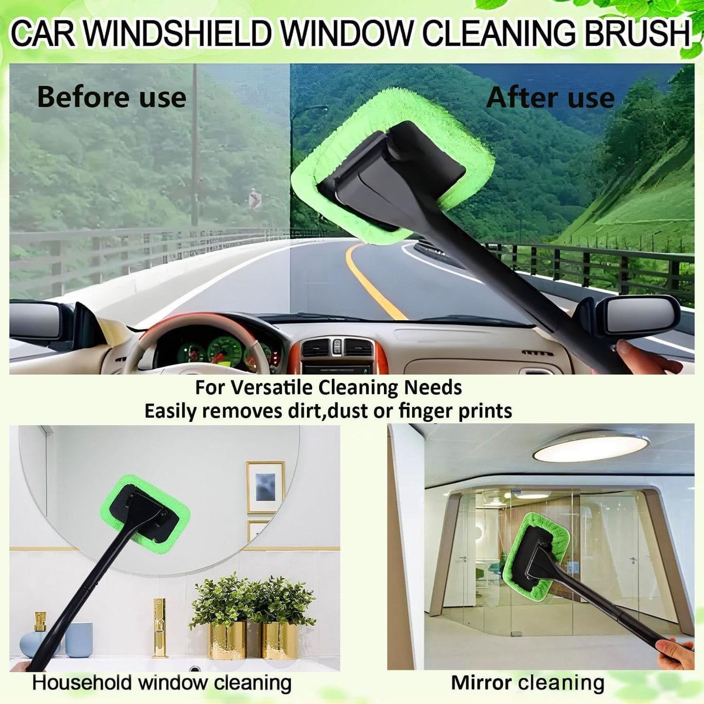 Herramienta de limpieza de parabrisas de coche, limpiador de parabrisas mejorado con 5 almohadillas de microfibra lavables y reutilizables y mango extensible para limpiaparabrisas automático (verde)