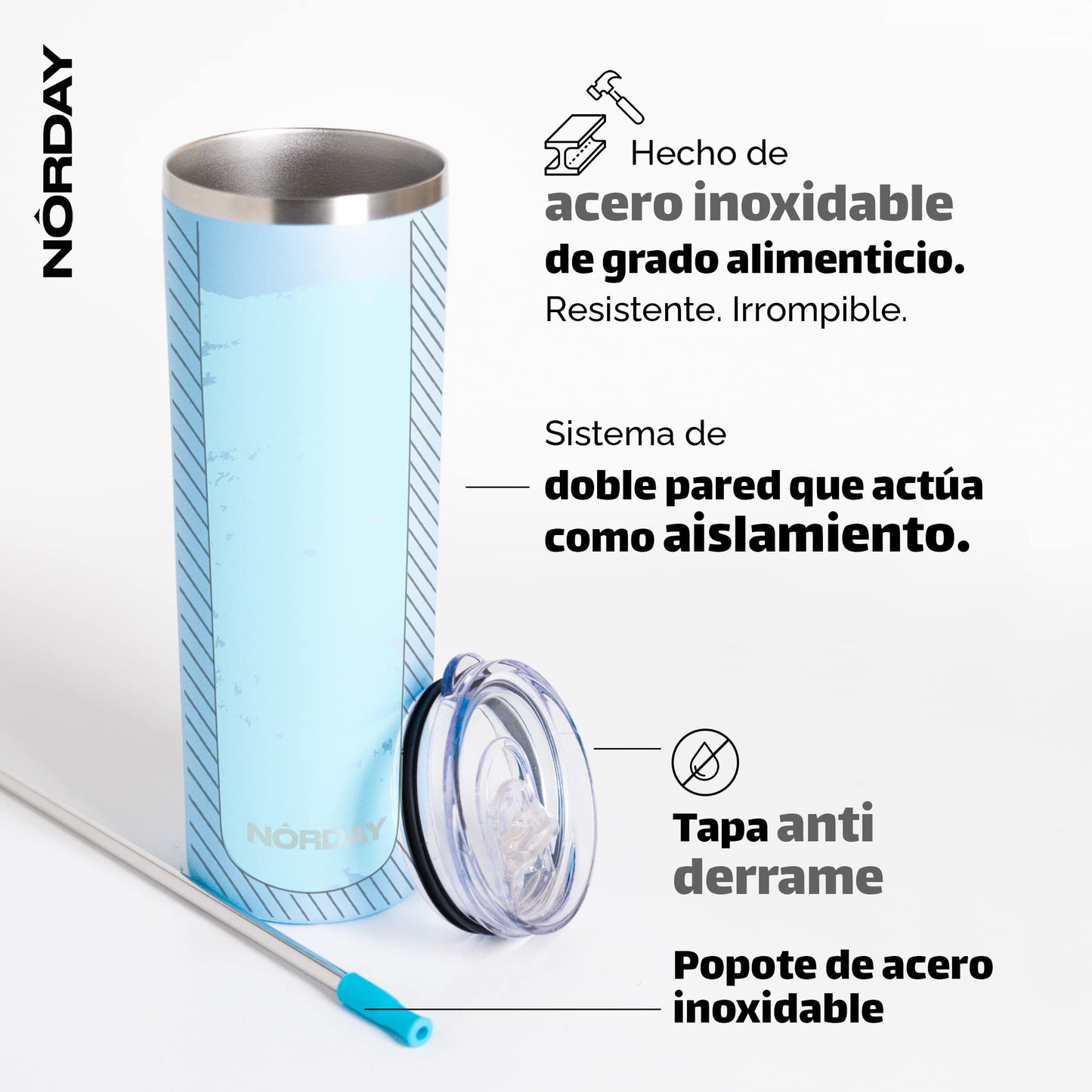 Vaso Térmico Norday Acero Inoxidable Sky 22 oz Doble Pared Antiderrame para Viaje