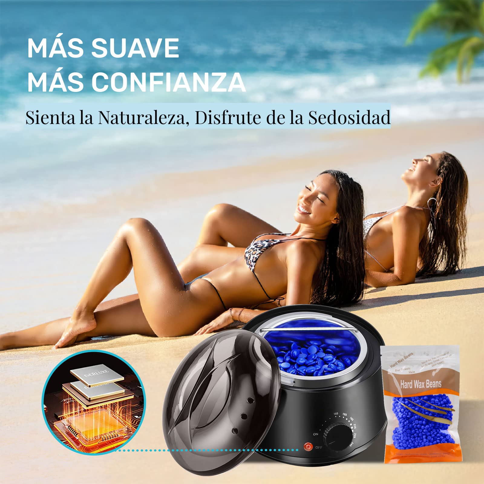 Cera para Depilar, Cera Depiladora con 500g Perlas de Cera Dura, Kit Cera Española para Depilar para Cejas | Bikini, Piernas, Axilas y Más, Calentador de Cera Eléctrico para Depilación con 20 Espátulas y 2 Frascos de Spray Tratante(Negro)