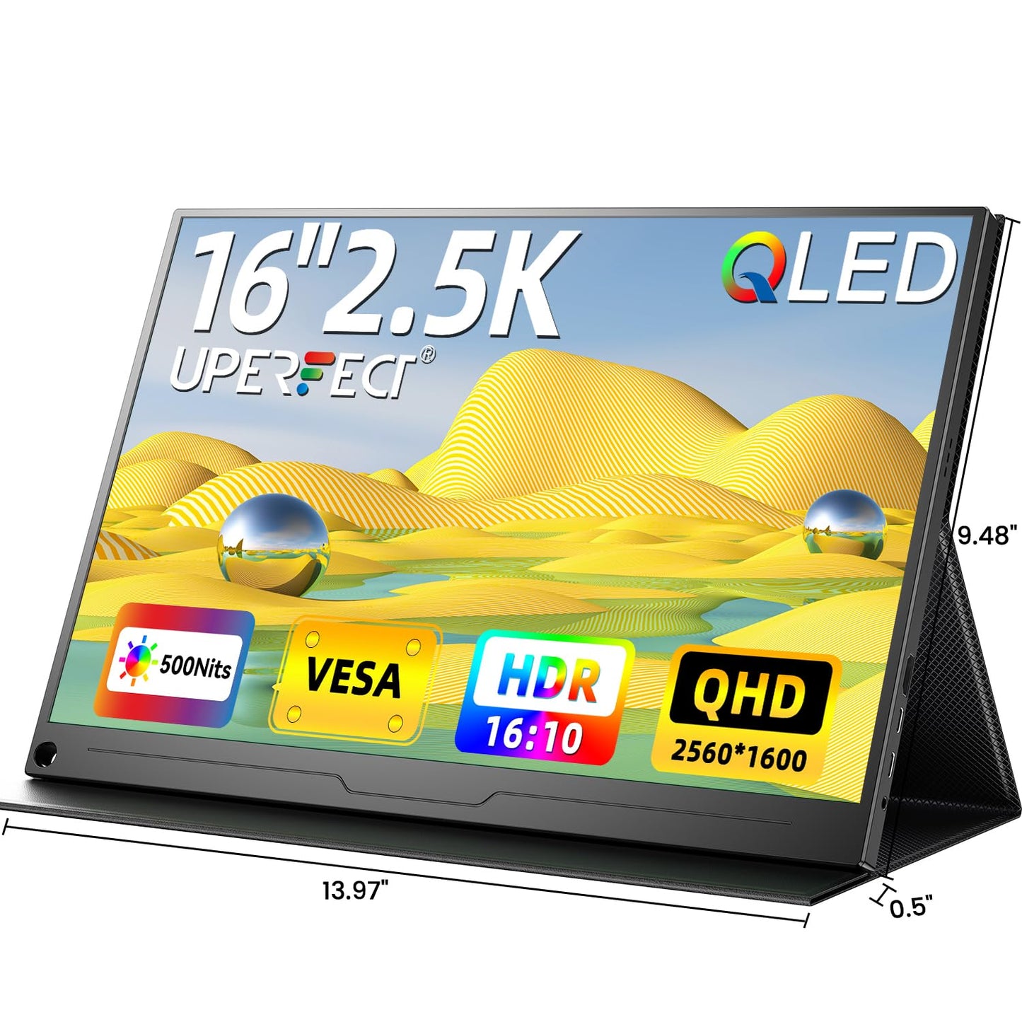 UPERFECT Monitor portátil QLED de 2.5 K, monitor portátil QHD de 16 pulgadas, 2560 x 1600, HDR FreeSync para portátil con VESA y funda inteligente para cuidado de los ojos mate, segunda visualización