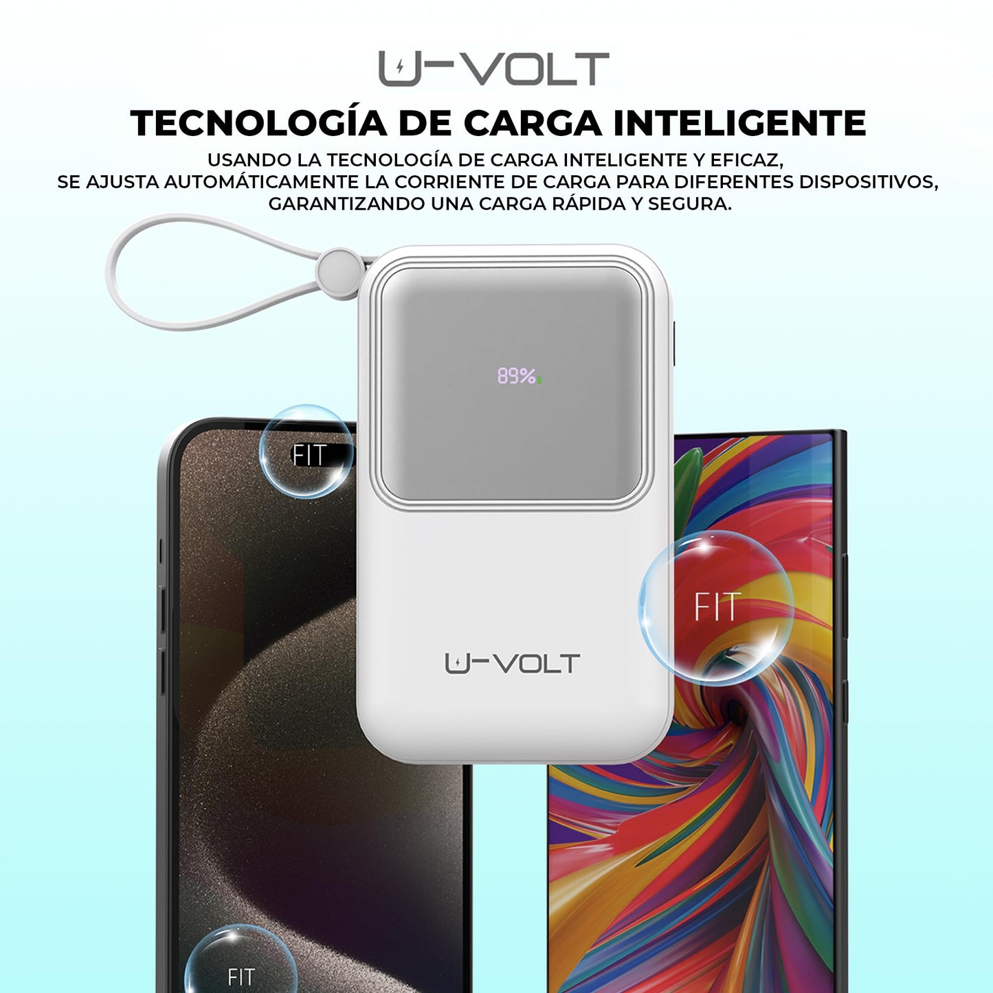 CELULARTE Power Bank U-Volt 20,000 mAh con Cables Integrados, Carga Rápida 22.5W, Batería Portátil con Pantalla Digital para iPhone, Samsung, Xiaomi, iPad y Más (Blanco)