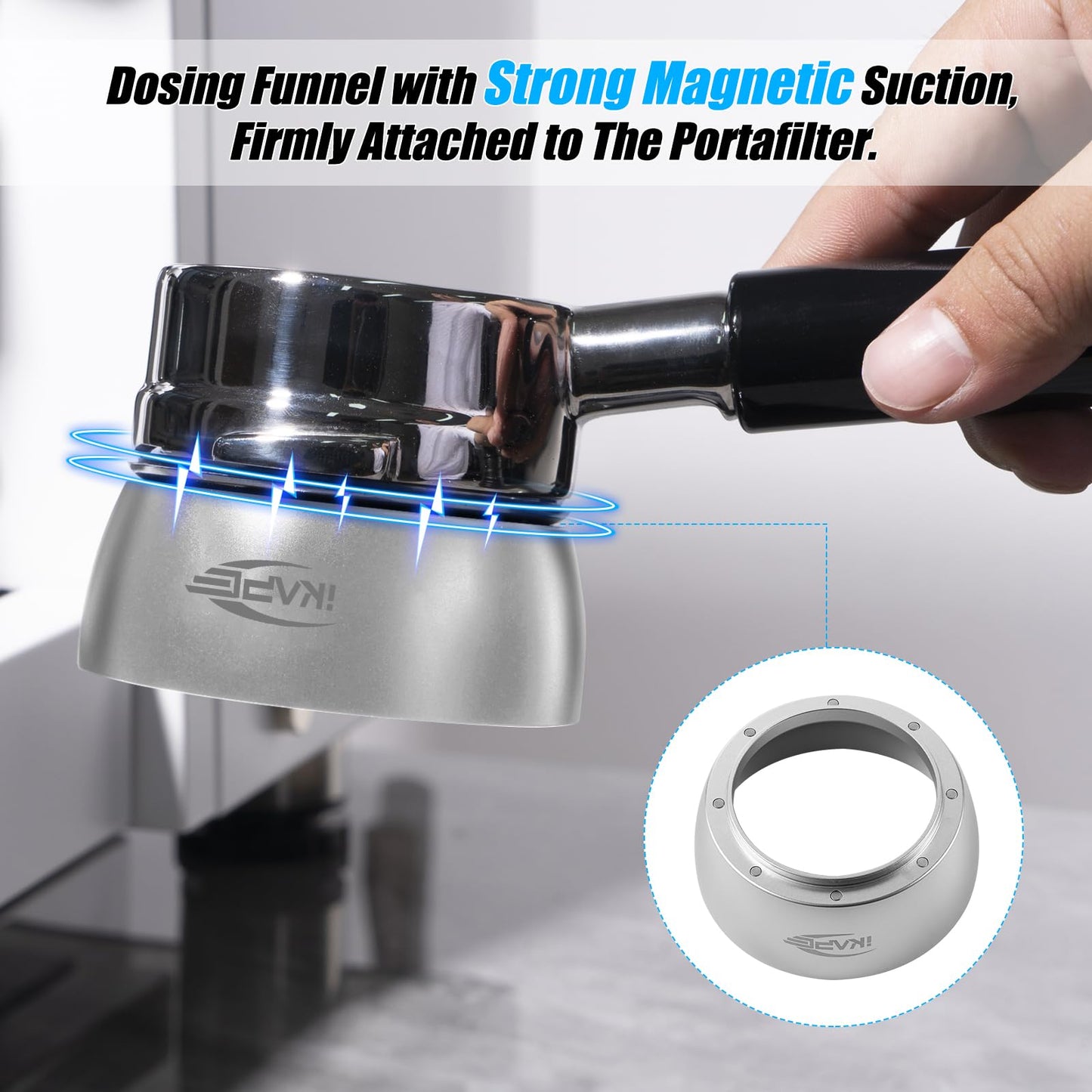 IKAPE - Juego de embudo de dosificación magnética, anillo de dosificación espresso de 53 mm y kit de visualización de disco compatible con portafiltro Delonghi de 54 mm sin fondo - con 8 imanes pequeños (plata)