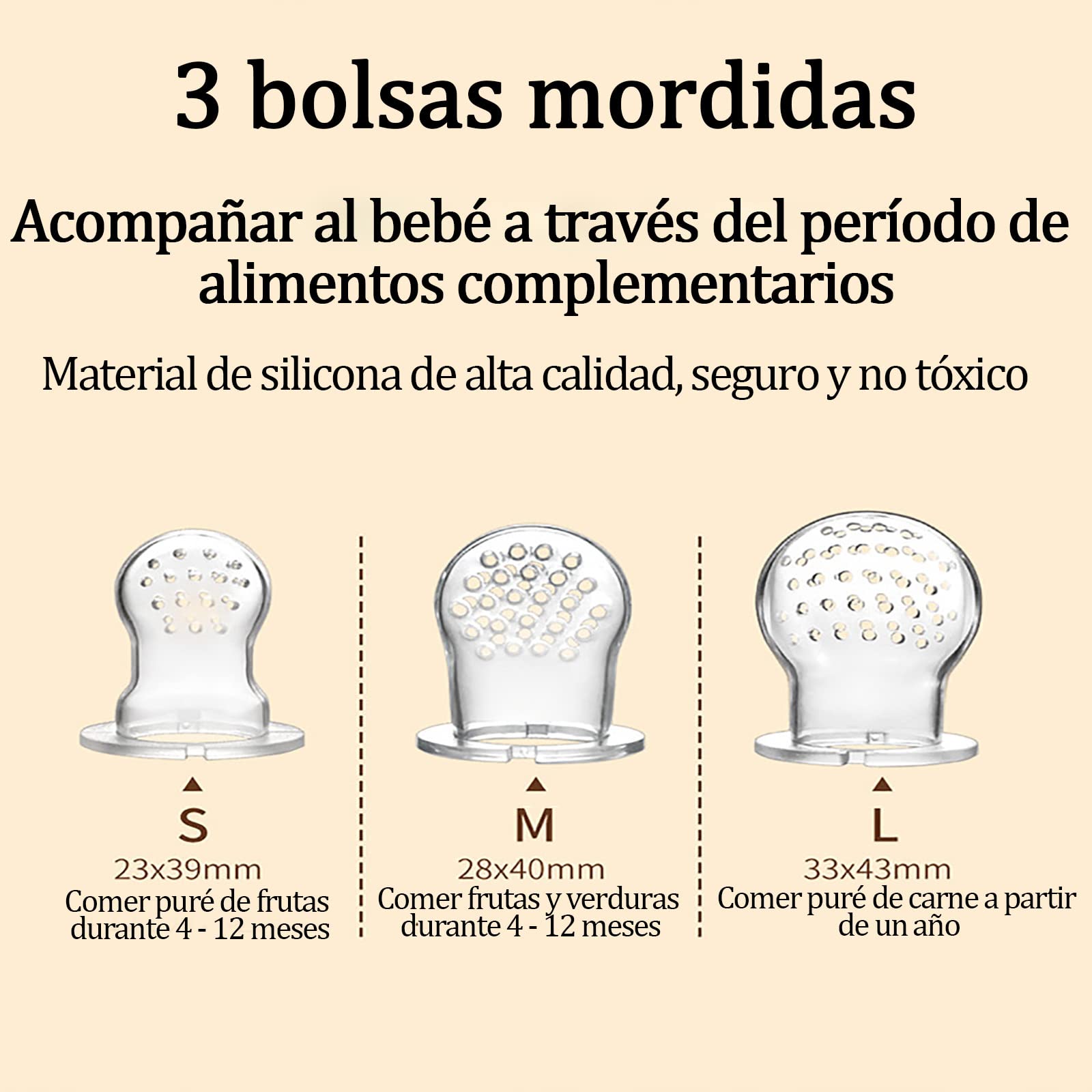 Baby Food Feeder Juego, Chupón para frutas Fruta Y Papilla con Seguro Y Tapa, Chupón Alimentador para Bebé. Chupones/Chupetes Ergonómicos para Frutas. Chupete de silicona 3 Piezas Tamaños S M L