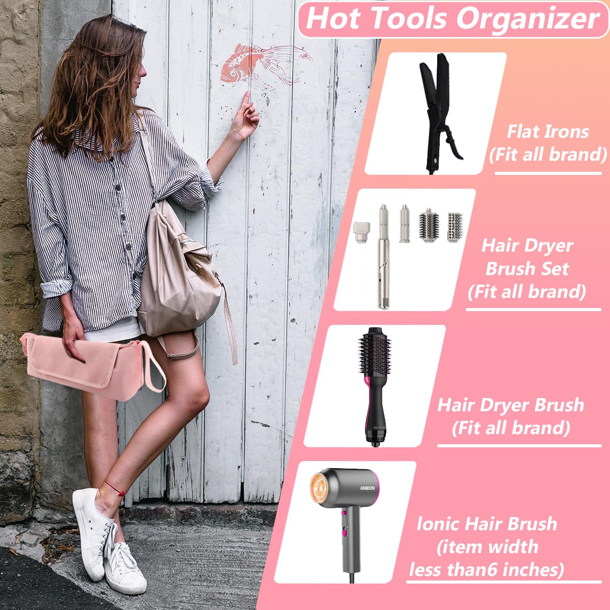 Hair Tools - Bolsa de viaje, funda de viaje de hierro plano 2 en 1 con almohadillas resistentes al calor, bolsos de viaje para peluquería resistente al calor para rizadores (Rosa)
