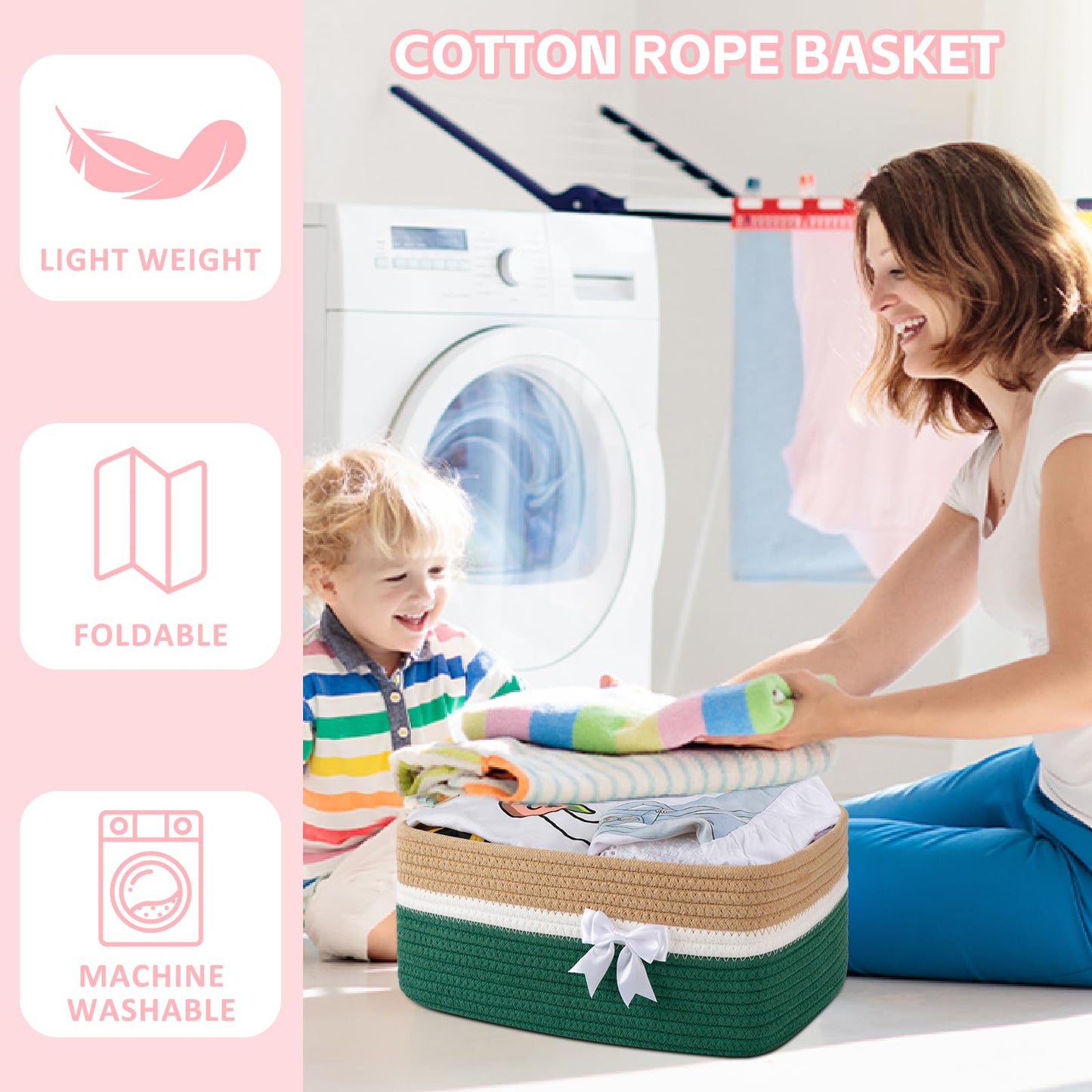 OIAHOMY - Cesta de almacenamiento tejida grande con asas para guardería, estantes de sala de estar, cesta de lazo para regalos vacía con bolsas de regalo y cintas para baby shower, contenedor de