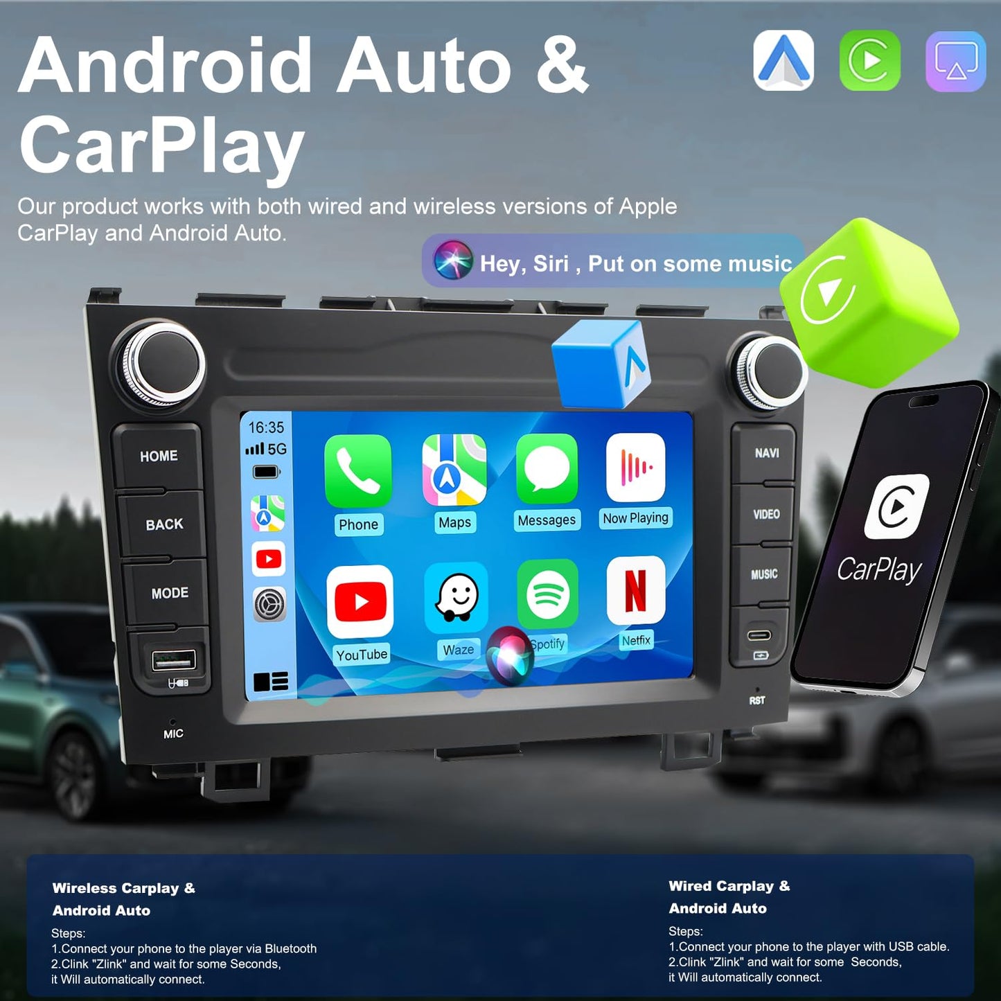 Radio de coche Android 5G WiFi para Honda CRV 2007 2008 2009 2010 2011, unidad principal de visualización táctil de 7 pulgadas con cámara inalámbrica Apple Carplay Android Auto GPS de navegación FM